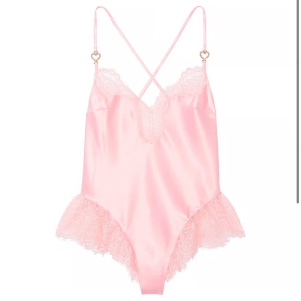 Elegant Pink Lace Trim Satin Bodysuit Teddy